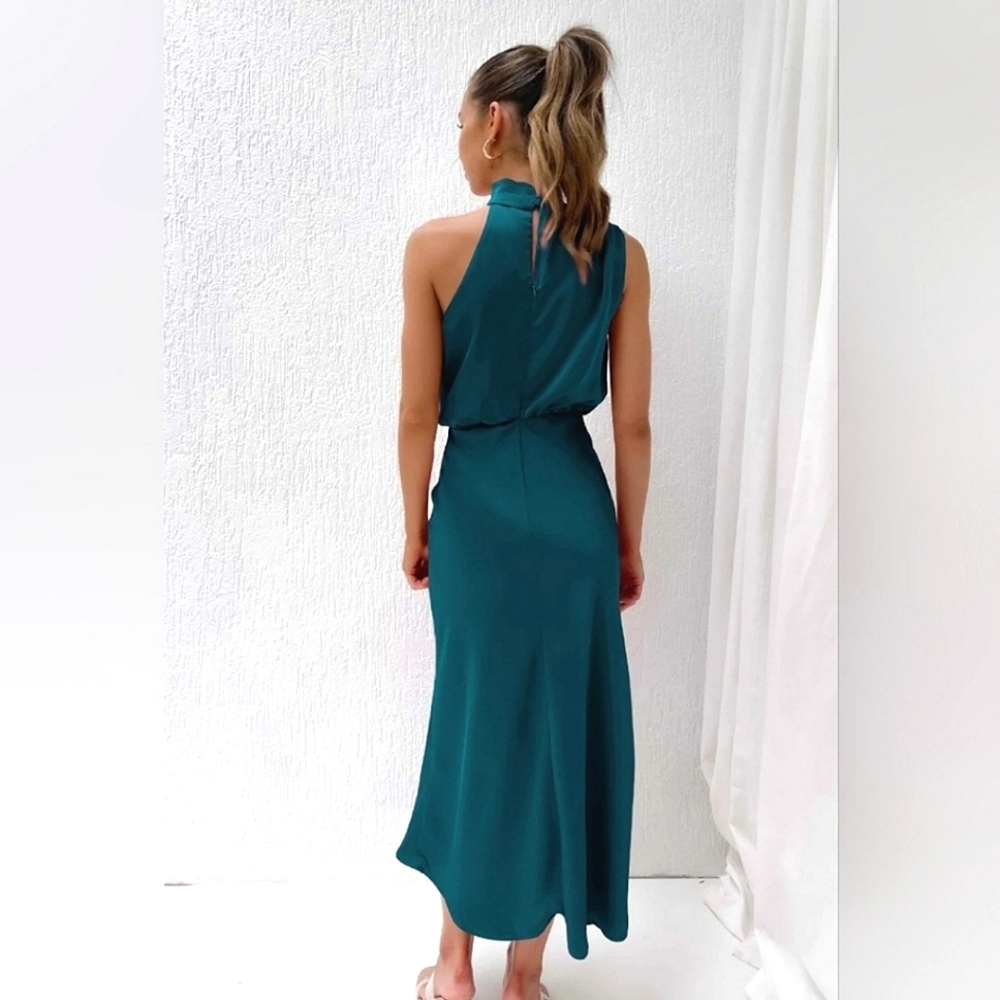 NEW Chic Draped Wrap Halter Neck Satin Midi Dress Teal Blue - Picture 5 of 9